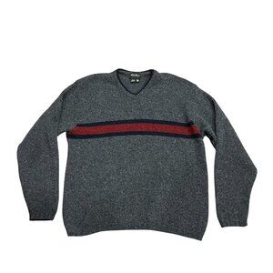 Eddie Bauer Vintage V-neck Wool Sweater, USA, Red Navy Stripe, Charcoal, L Tall